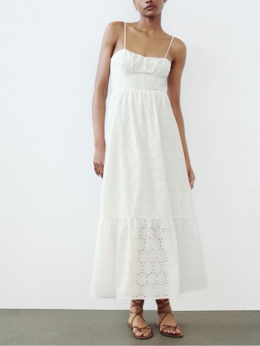Zara White Eyelet Spaghetti-Strap Maxi Dress